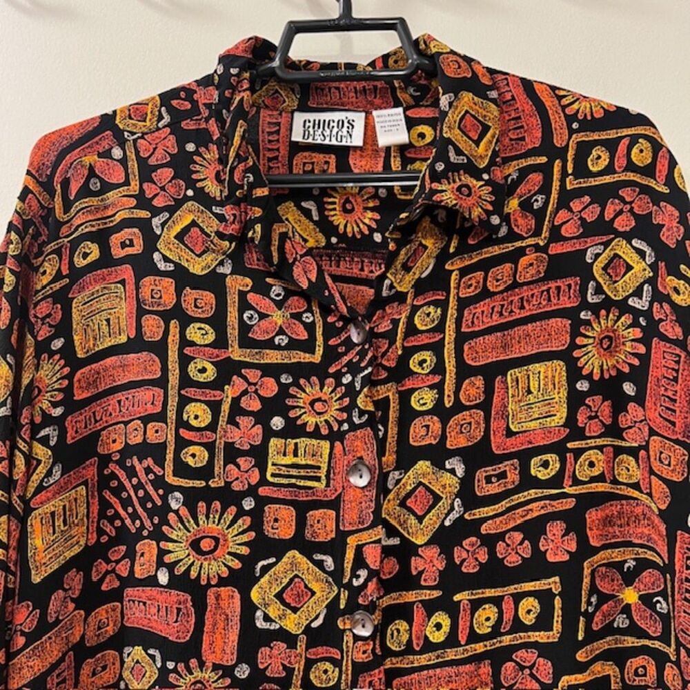 Chicos Design Orange Black 100% Rayon Fiesta Button Front Long Sleeve Top Size 3 - Picture 3 of 11